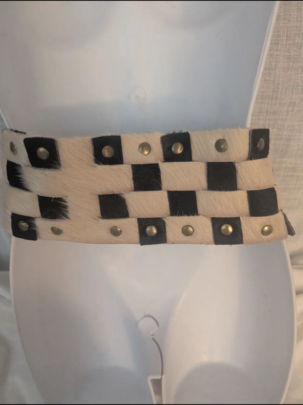 Wide Ivory and Black Haircalf Checkerboard Suede Artisan Statement Waist Belt